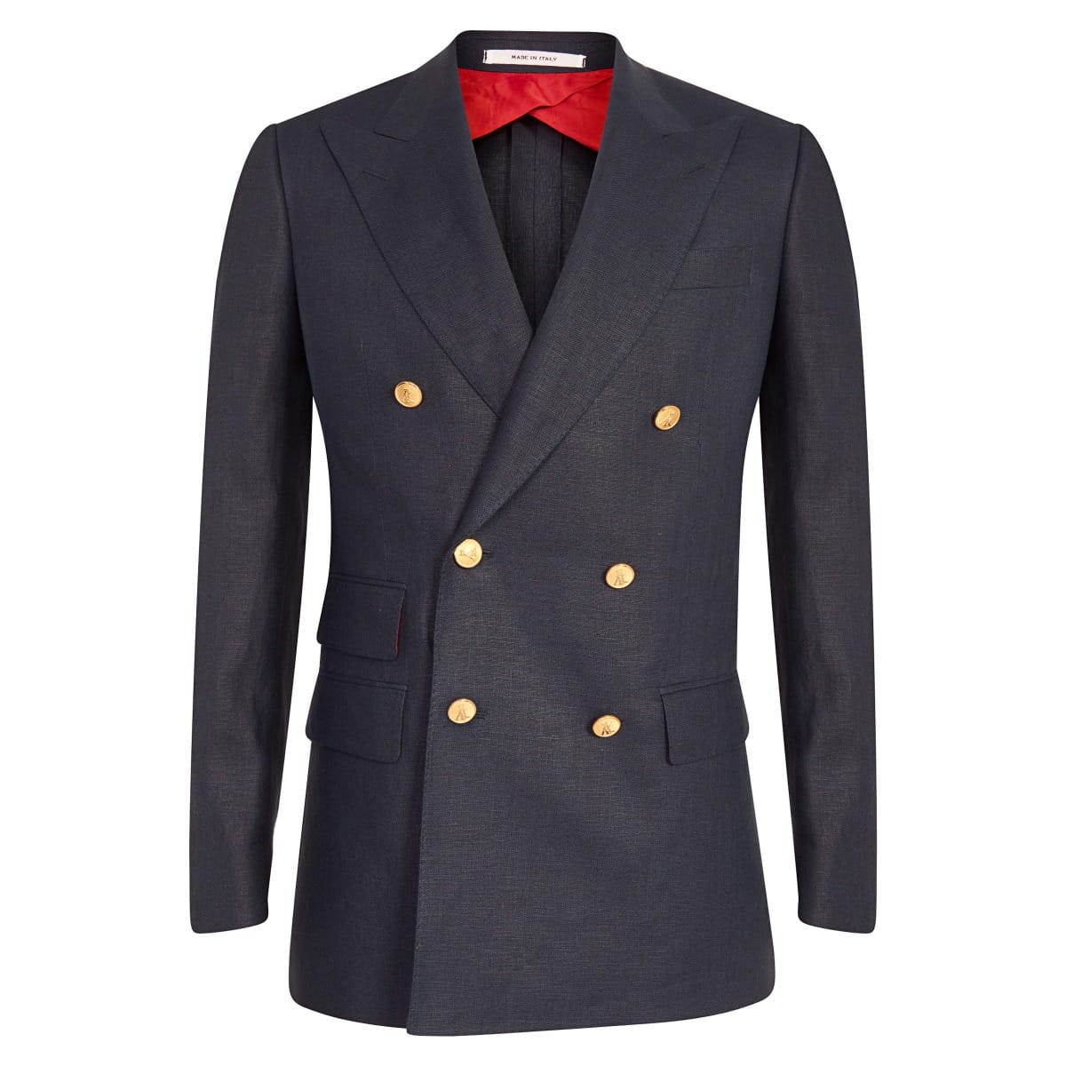 AK MC double breasted blazer in navy linen with bespoke domed