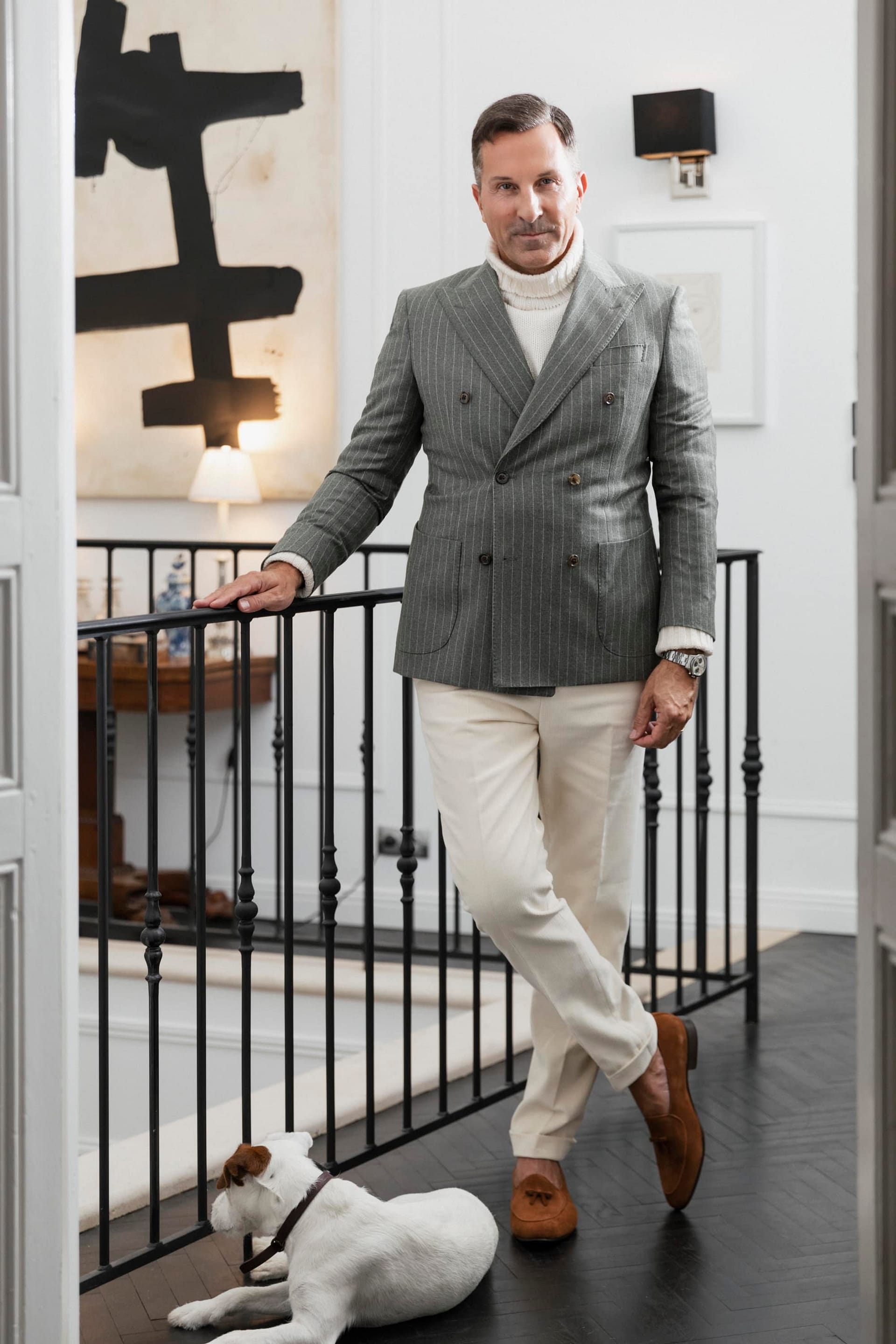 AK MC Double-breasted signature barchetta blazer in chalk stripe