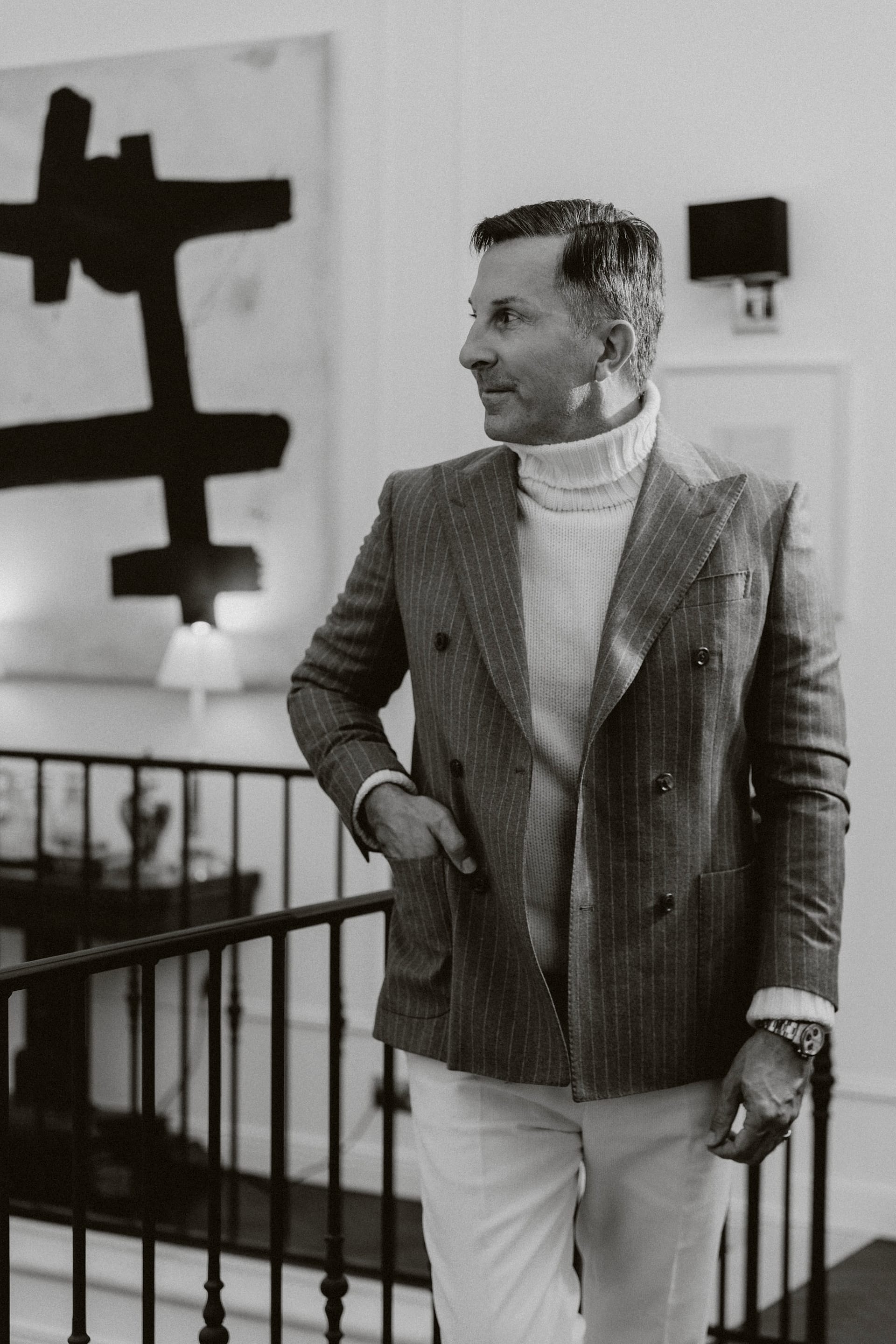 AK MC Double-breasted signature barchetta blazer in chalk stripe
