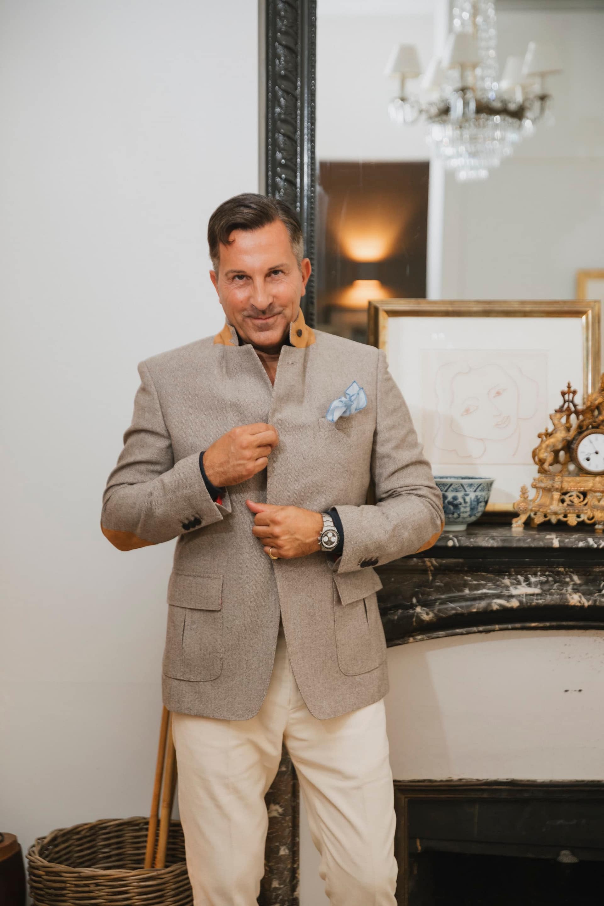 AK MC beige linen & wool provence jacket with alcantara trim