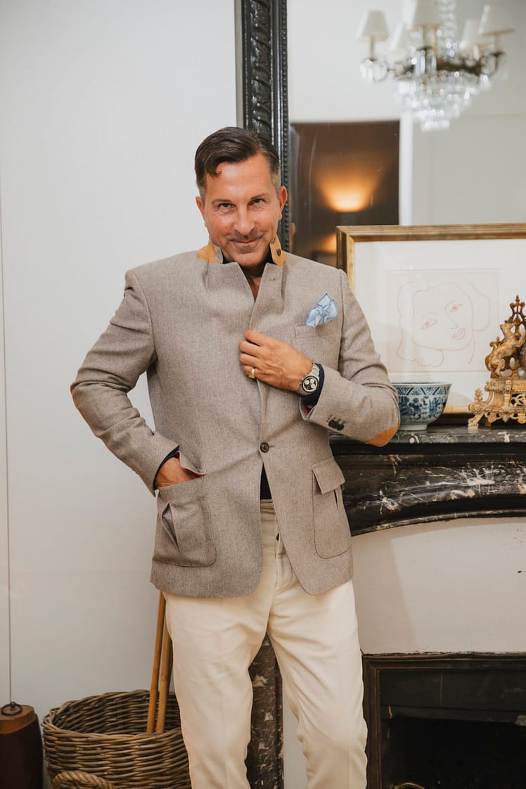 AK MC beige linen & wool provence jacket with alcantara trim