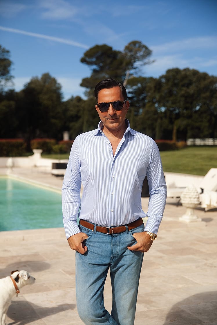AK MC blue bengal button cuff signature shirt