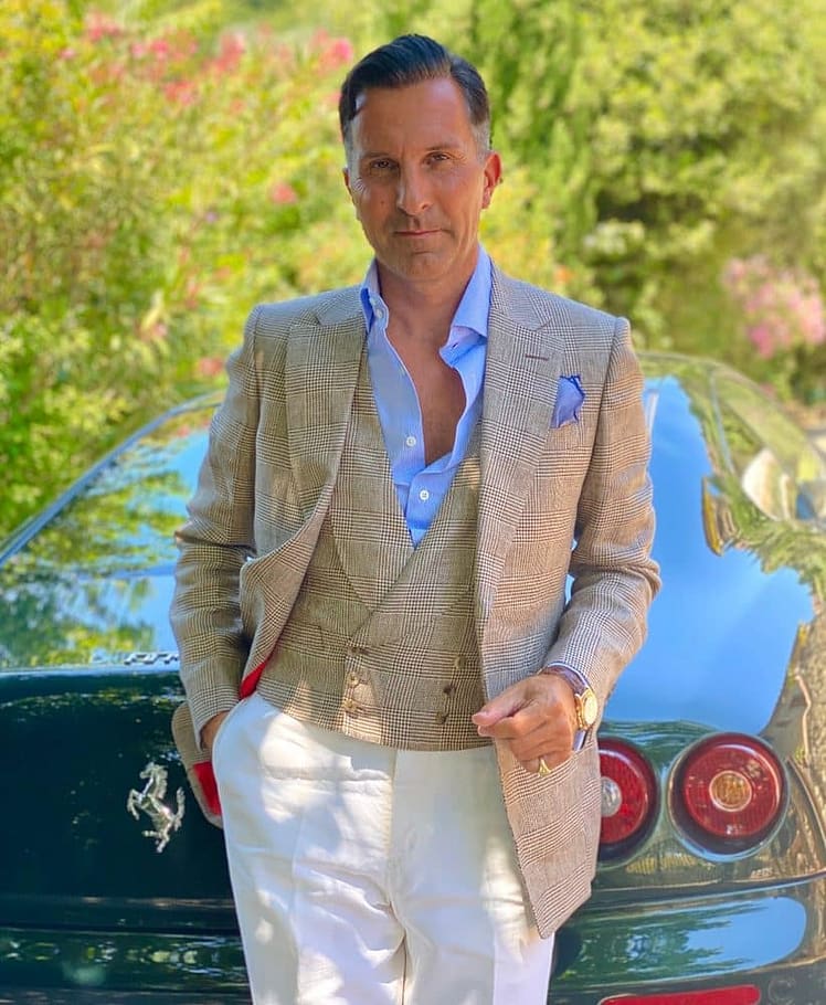 AK MC Brown and White Prince of Wales Check Irish Linen Signature Waistcoat
