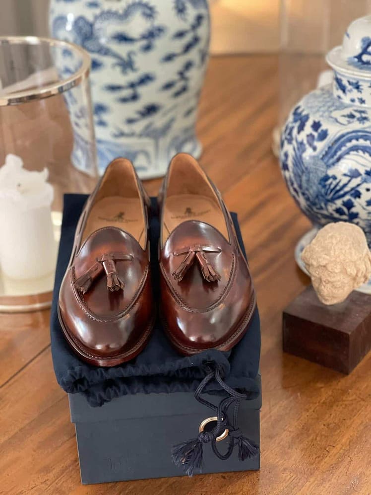 AK MC handmade burnished burgundy calf leather tassel loafers