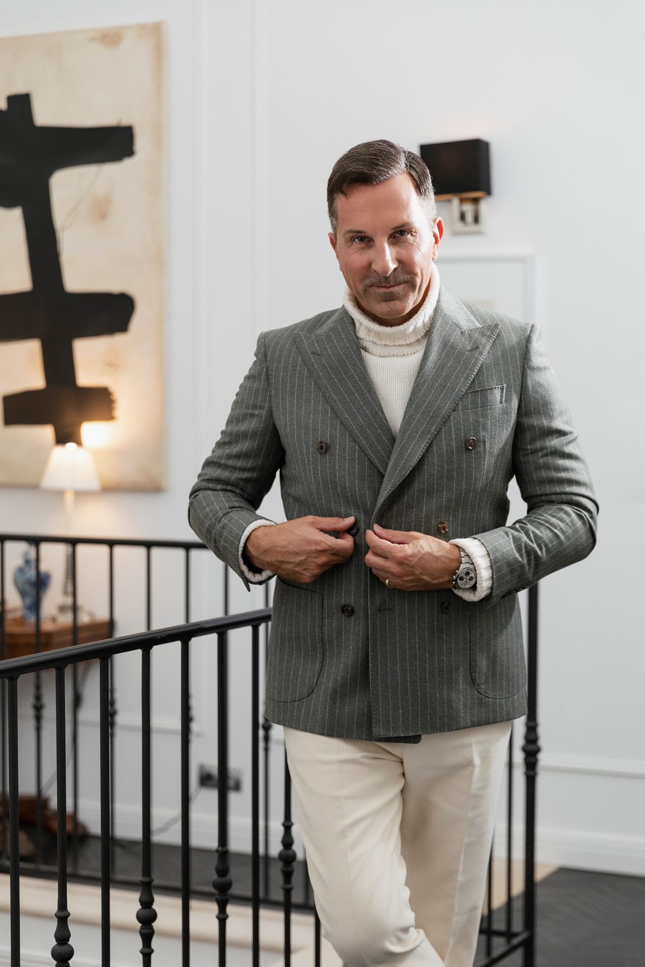 AK MC Double-breasted signature barchetta blazer in chalk stripe